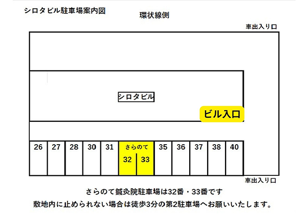 シロタビル駐車場案内図。さらのて鍼灸院駐車場は32・33番です。